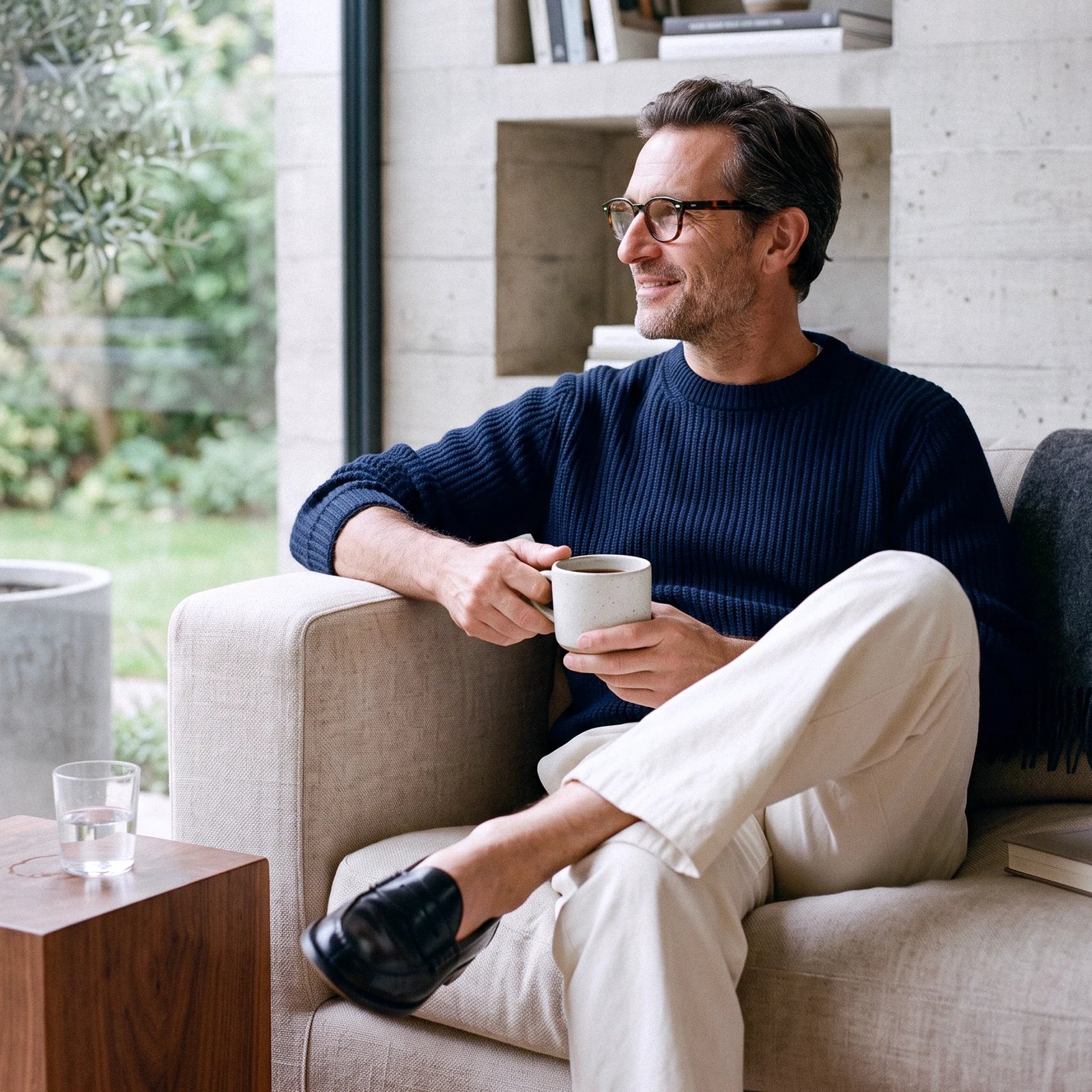 Man seated by a window holding a mug