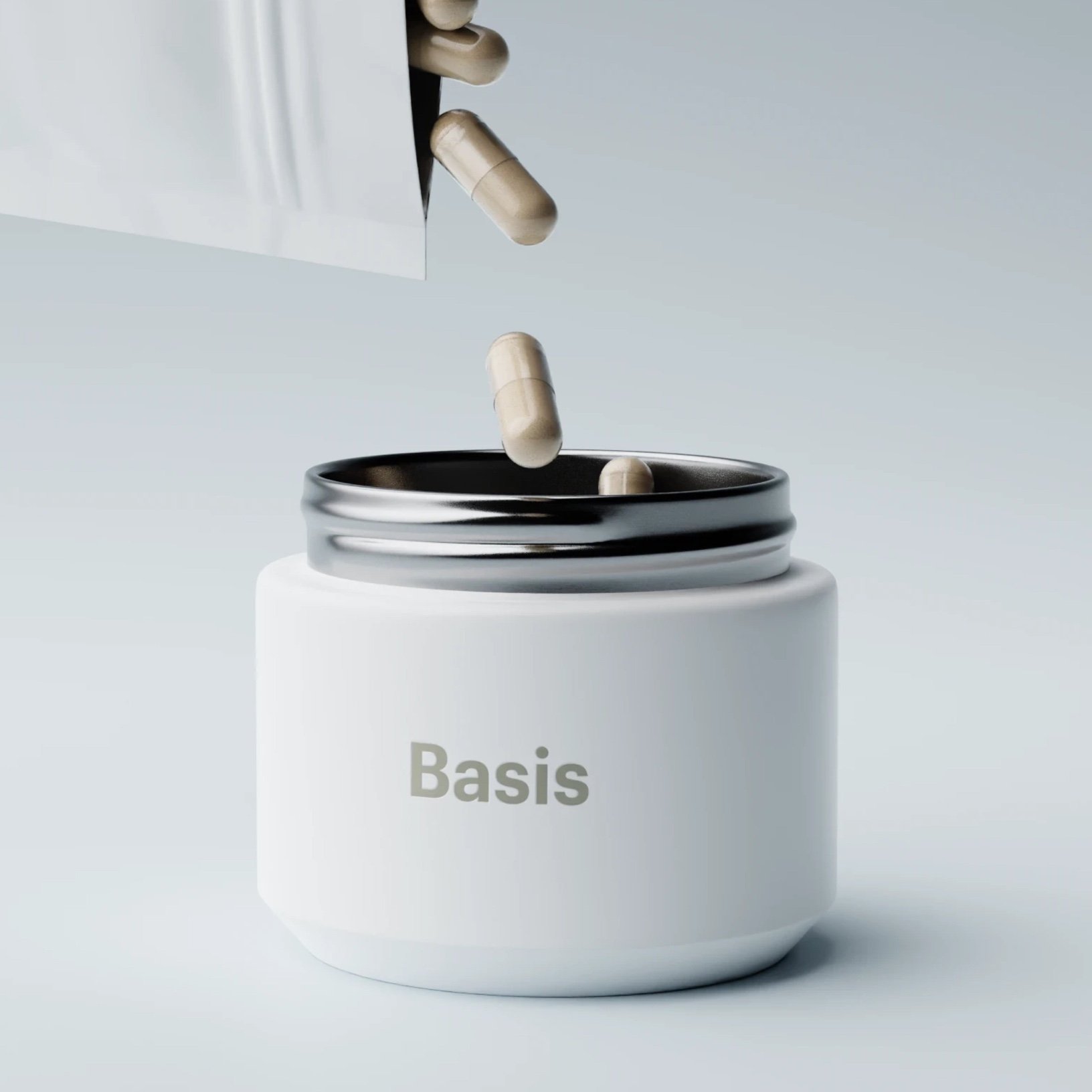 Basis capsules pouring from a refill pouch into the current Basis bottle