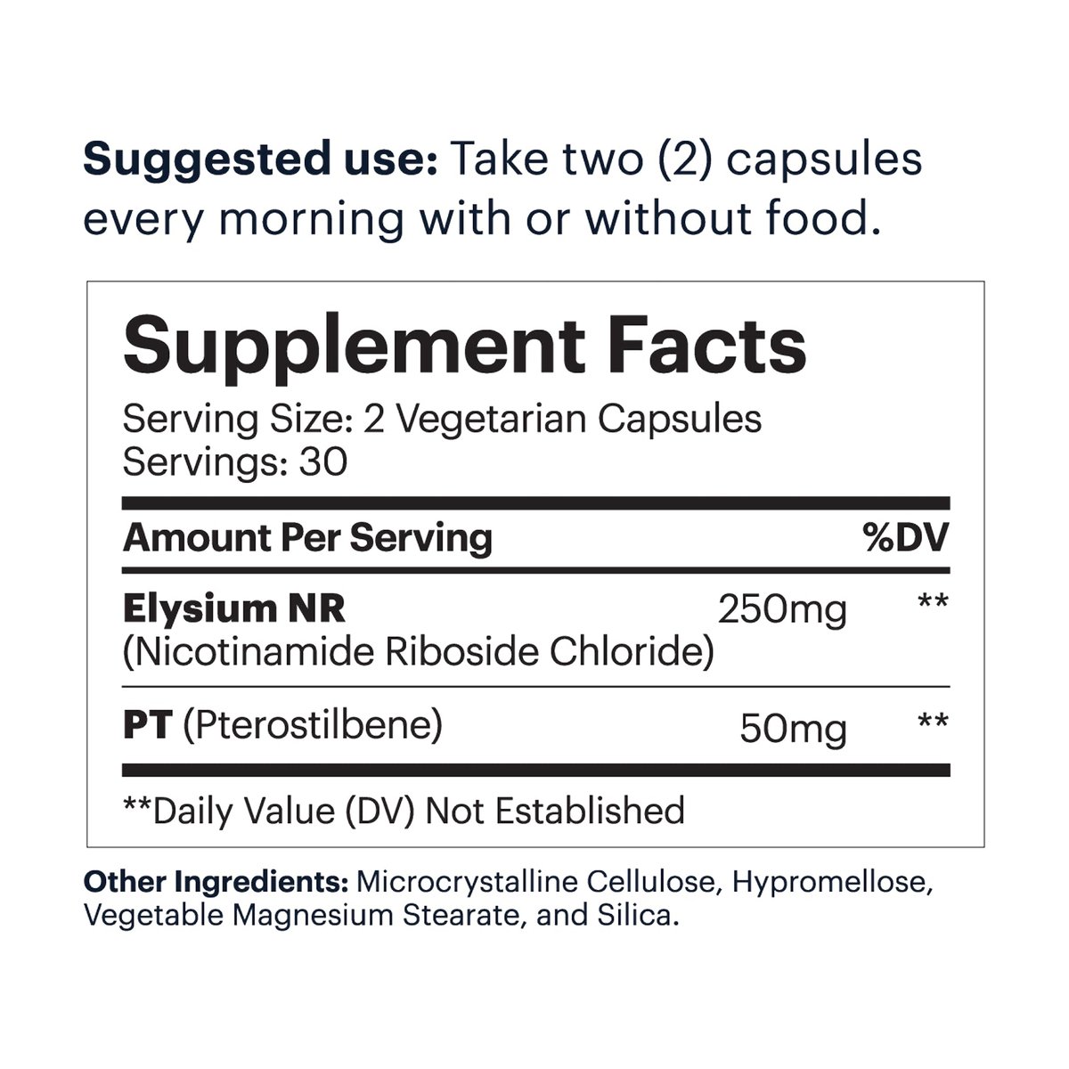 Basis Supplement Facts showing a two-capsule serving with 250 mg Elysium NR and 50 mg pterostilbene