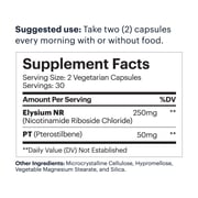 Basis Supplement Facts showing 250 mg Elysium NR and 50 mg pterostilbene per two-capsule serving